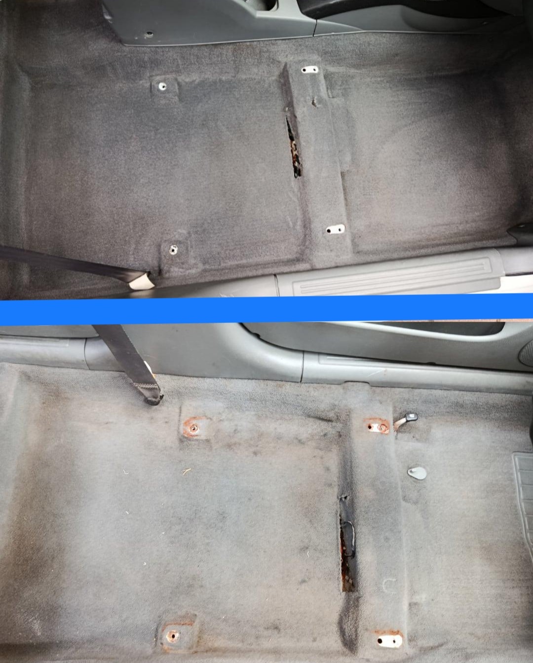 Tapicerka samochodowa przed i po czyszczeniu: widoczne różnice w odcieniu szarości i usunięte zabrudzenia na dywanikach podłogowych.