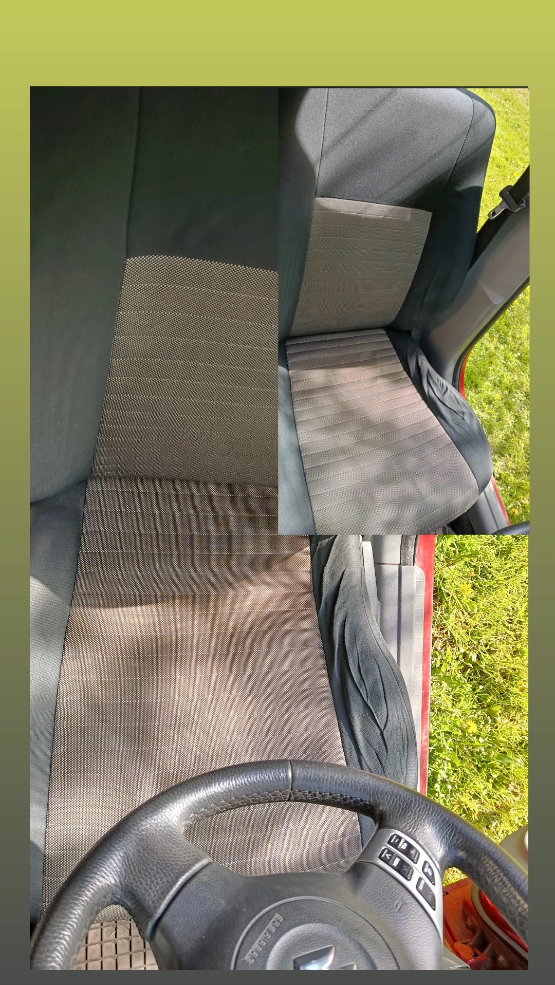 Tapicerka fotela samochodowego przed i po czyszczeniu, widoczne różnice w odcieniu i strukturze materiału. Ujęcie z wnętrza pojazdu, kierownica na pierwszym planie.