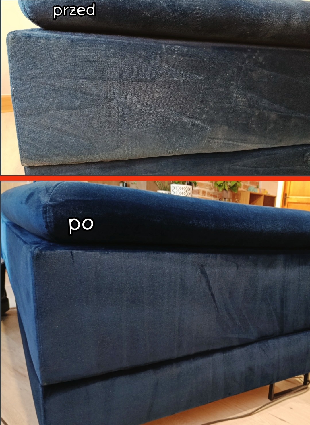 Granatowa kanapa: widok z bliska, góra 'przed' z plamami, dół 'po' - czysta, jednolita powierzchnia. Efekt czyszczenia tapicerki, wyraźna różnica w wyglądzie.