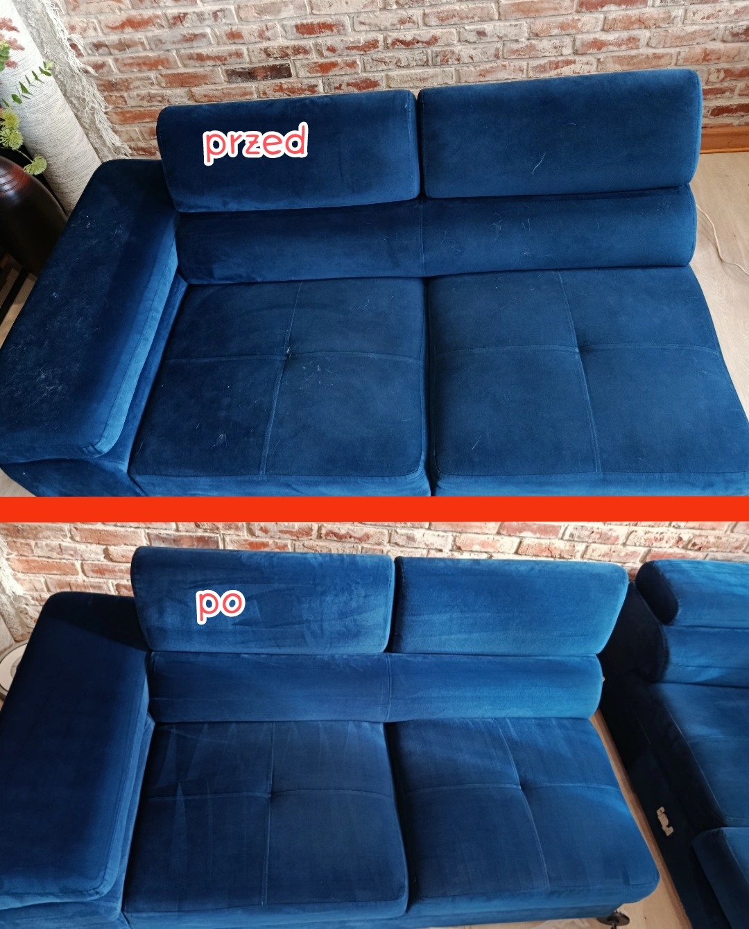 Granatowa sofa welurowa: ujęcie 'przed' z widocznymi zabrudzeniami i 'po' z odświeżoną tapicerką na tle ceglanej ściany. Efekt czyszczenia.