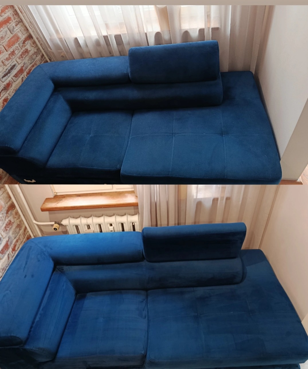 Zdjęcie przedstawia sofę narożną w odcieniach niebieskiego, w układzie 'przed i po' czyszczeniu. Widoczne różnice w kolorze i wyglądzie tapicerki.