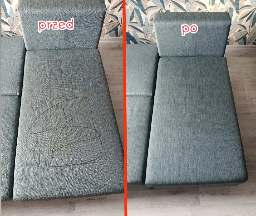 Zdjęcie kanapy w układzie 'przed i po' czyszczeniu. Po lewej widoczne zabrudzenia, po prawej czysta tapicerka w odcieniach szarości i błękitu na tle wzorzystej tapety.