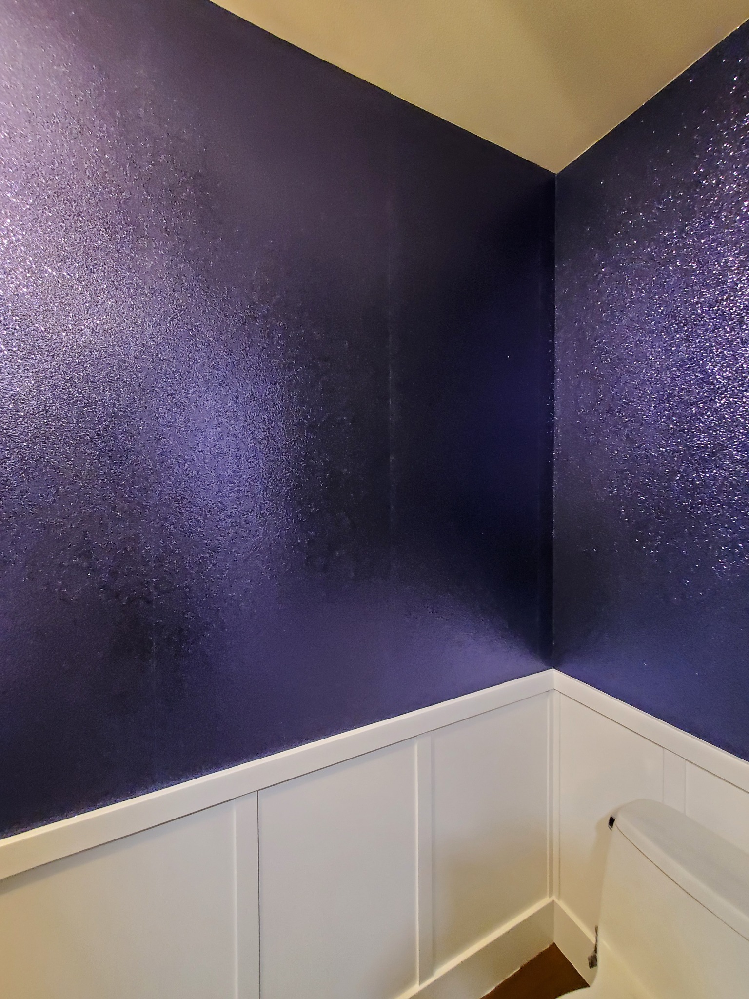 Ściana w łazience pomalowana na ciemny fiolet z efektem brokatu, dolna część wykończona białą boazerią panelową. Widoczny fragment toalety.