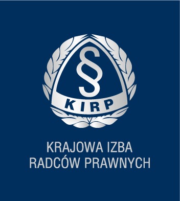 Logo Krajowej Izby Radców Prawnych (KIRP) na granatowym tle. Srebrny symbol paragrafu otoczony wieńcem laurowym, poniżej skrót KIRP i pełna nazwa organizacji.