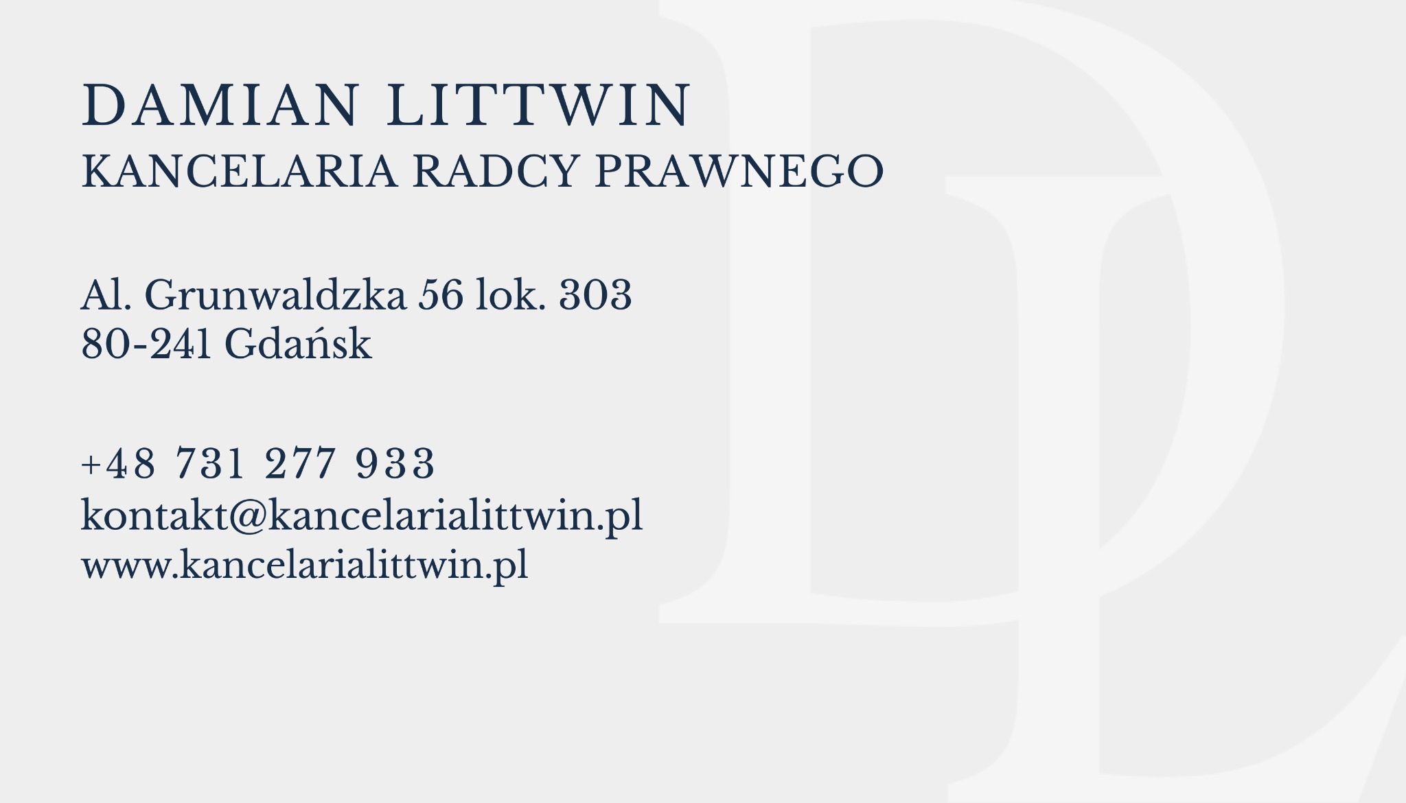 Elegancki wizytownik Kancelarii Radcy Prawnego Damian Littwin z Gdańska, z adresem, numerem telefonu i adresem e-mail na jasnym tle z subtelnym logo.