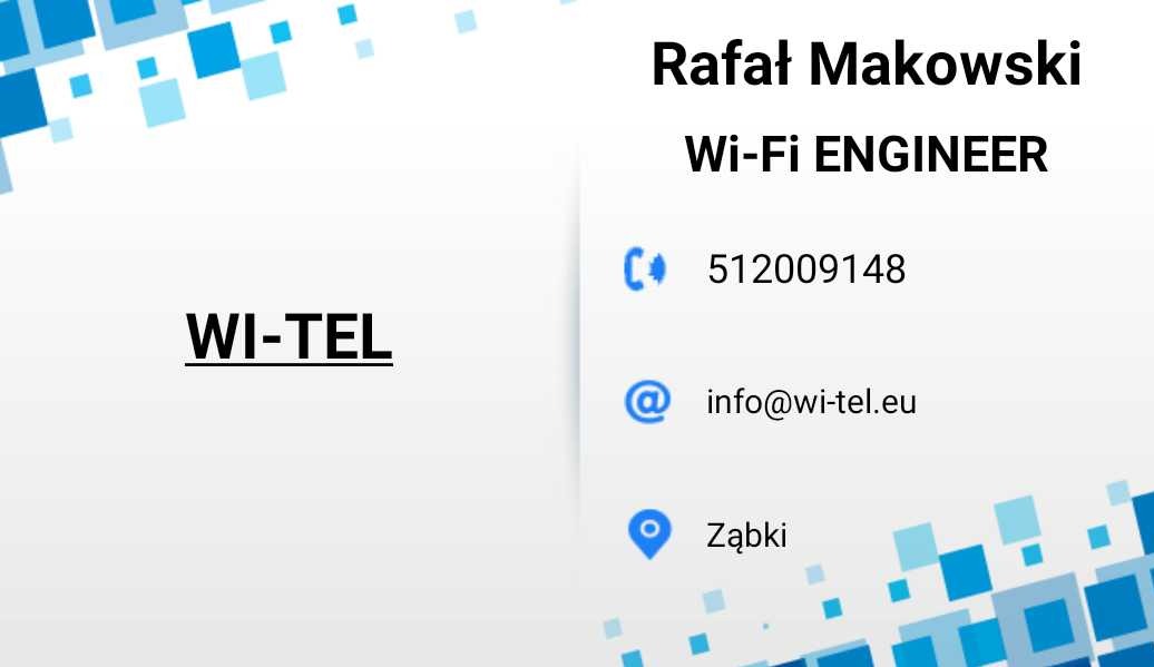 Wizytówka firmy Wi-Tel z danymi kontaktowymi: imię i nazwisko Rafał Makowski, Wi-Fi Engineer, numer telefonu, adres e-mail i lokalizacja Ząbki. Tło z niebieskimi kwadratami.