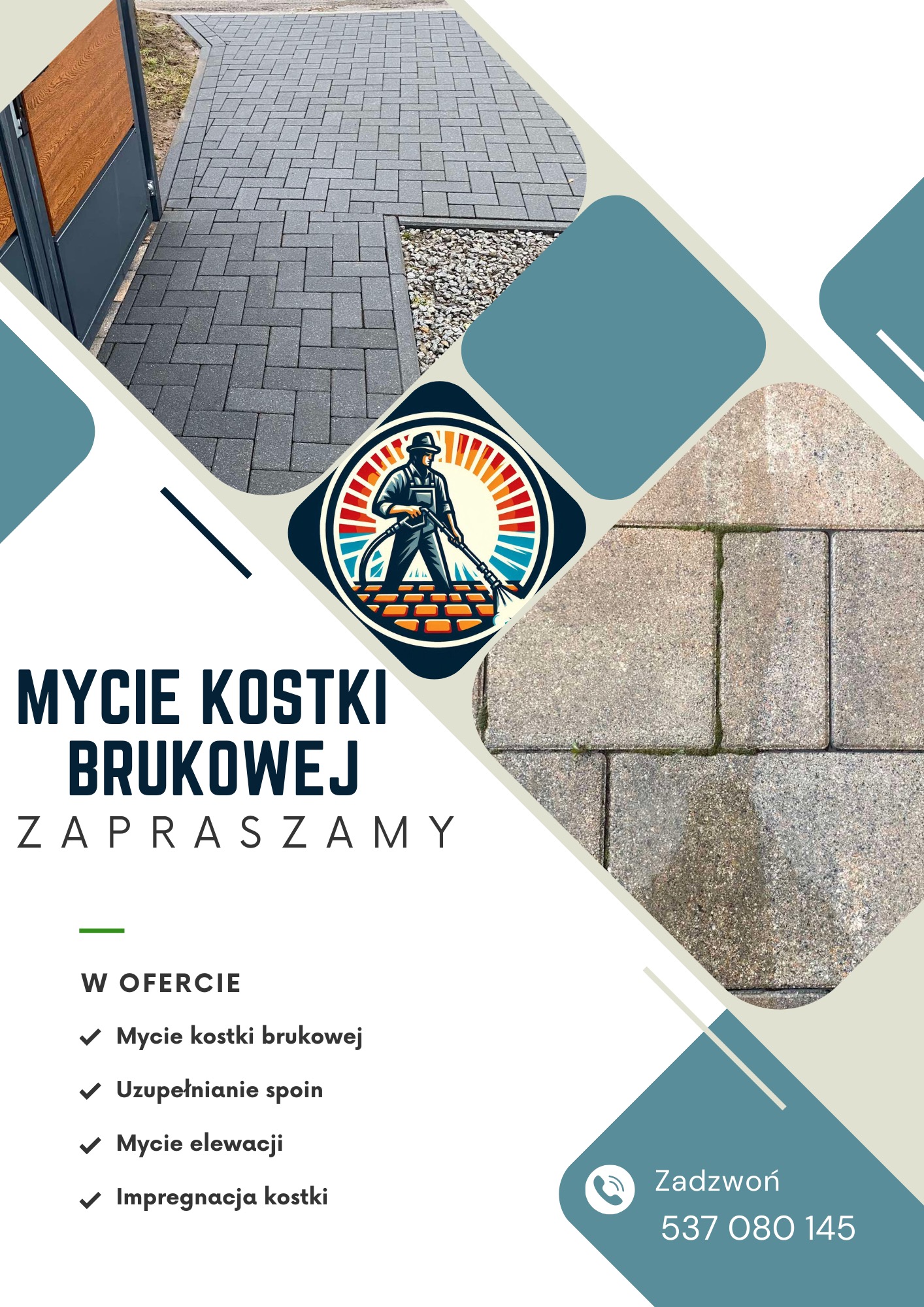 Grafika reklamowa: czysta, szara kostka brukowa przy wejściu, logo firmy z osobą myjącą kostkę, oferta mycia kostki, elewacji i impregnacji. Numer telefonu.