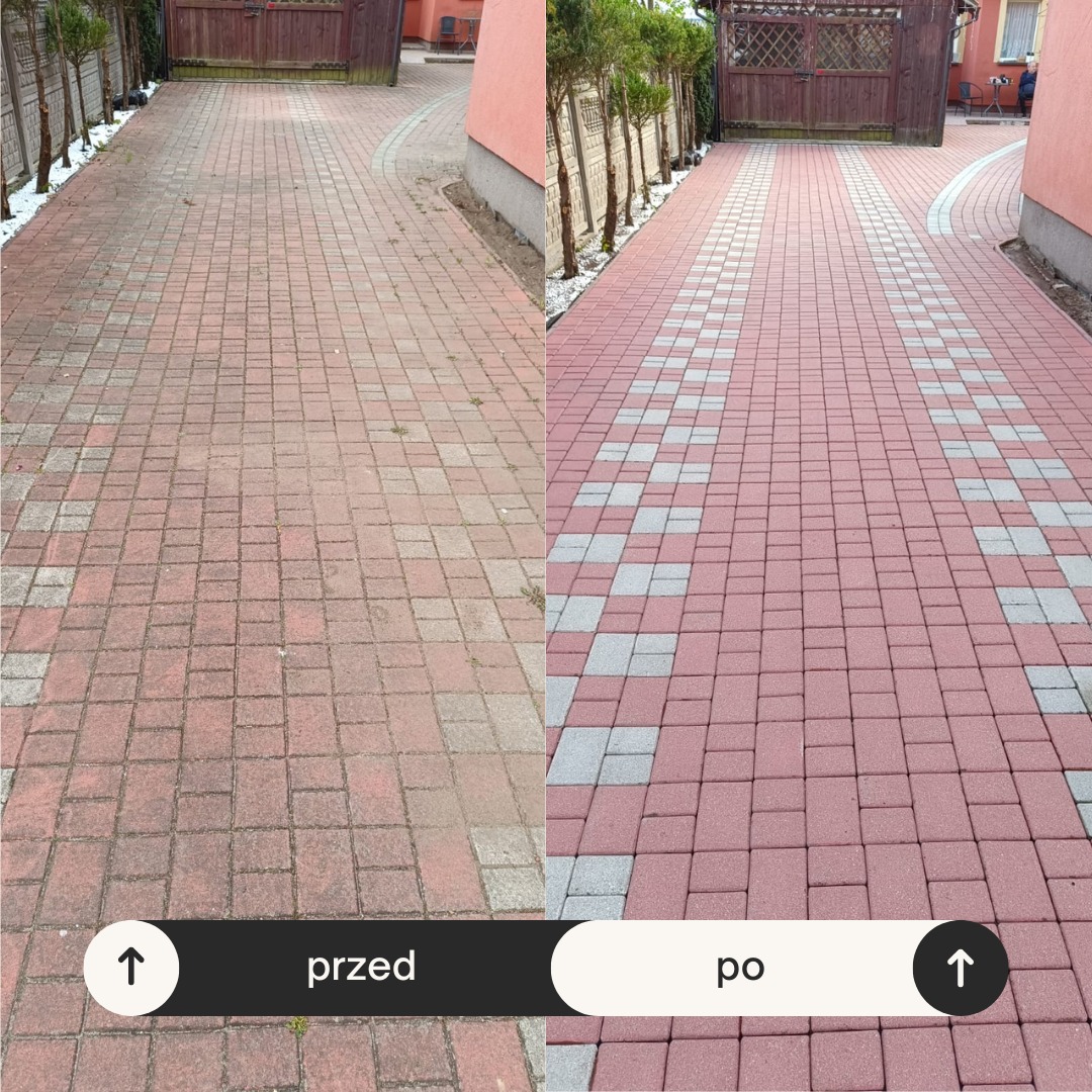Kostka brukowa przed i po czyszczeniu. Lewa strona brudna, prawa czysta z wzorem. Widok z góry, perspektywa zbieżna, drzewa wzdłuż ogrodzenia.