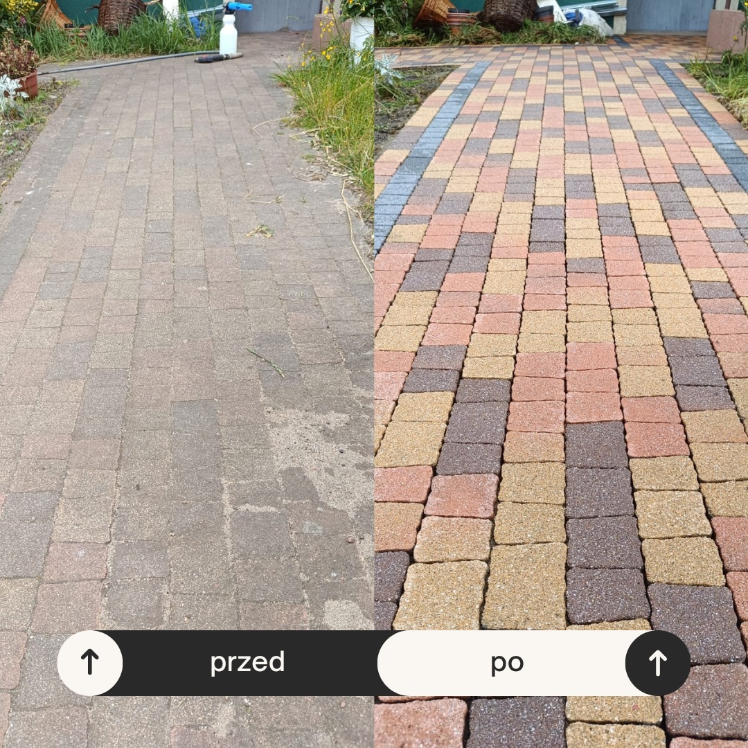 Kostka brukowa przed i po czyszczeniu. Lewa strona brudna, prawa strona czysta, z widoczną kolorystyką. Widoczne napisy 'przed' i 'po'.
