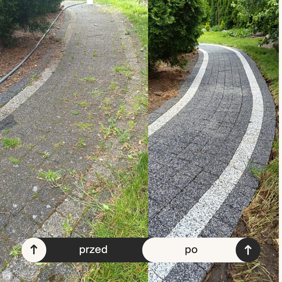 Kostka brukowa przed i po czyszczeniu: szara, zarośnięta chwastami kontra czysta, szara z białymi pasami. Widoczne trawnik i krzewy.