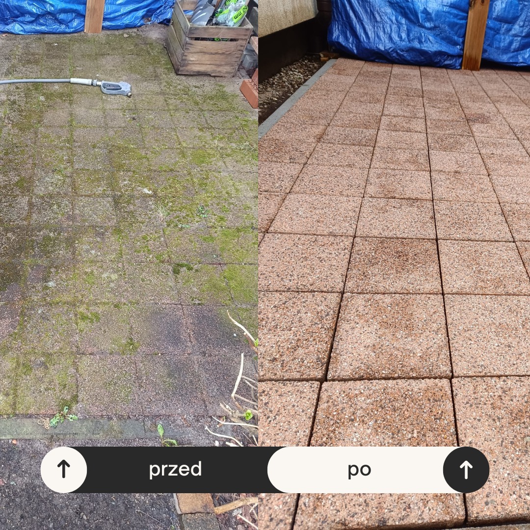 Kostka brukowa: widok przed i po czyszczeniu. Po lewej zaniedbana, porośnięta mchem, po prawej czysta, w jednolitym kolorze. W tle widać narzędzie do mycia.
