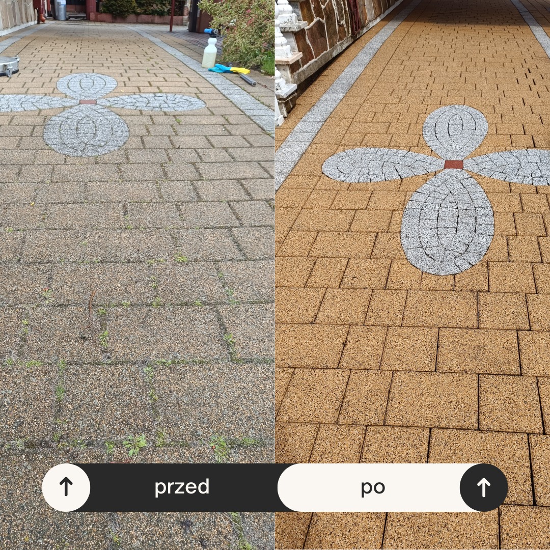 Kostka brukowa przed i po czyszczeniu, z widocznym wzorem kwiatowym. Lewa strona zabrudzona, prawa czysta, w ciepłym odcieniu. Porównanie efektu.