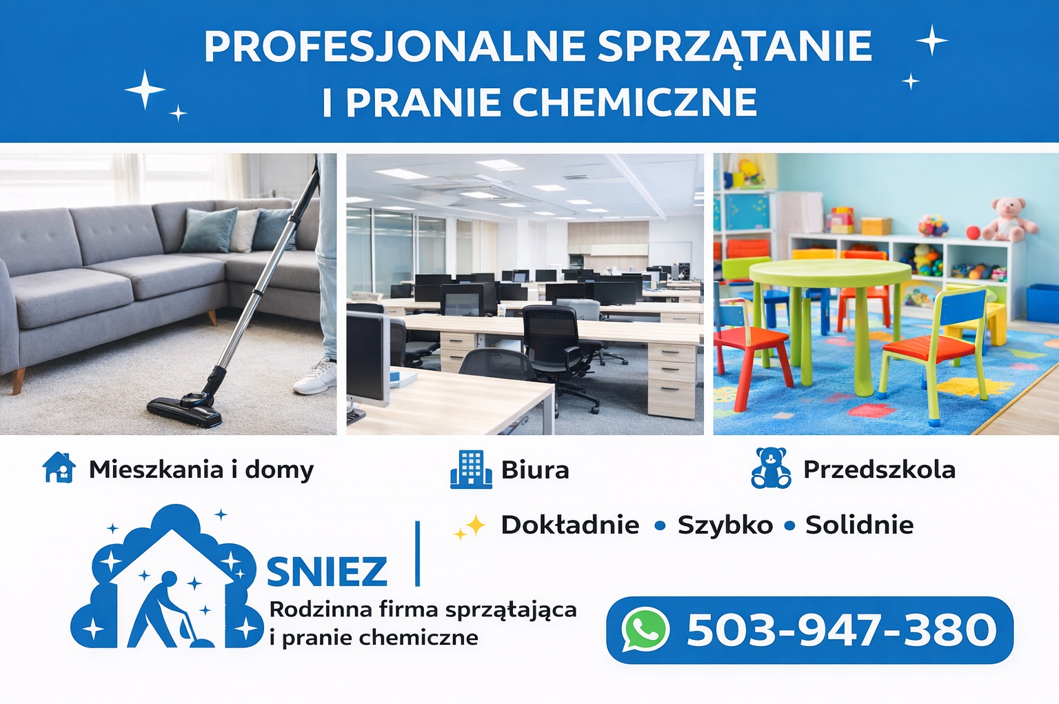 Profesjonalne sprzątanie i pranie chemiczne: sofa, biuro, przedszkole. Rodzinna firma SNIEZ. Dokładnie, szybko, solidnie. Numer telefonu.