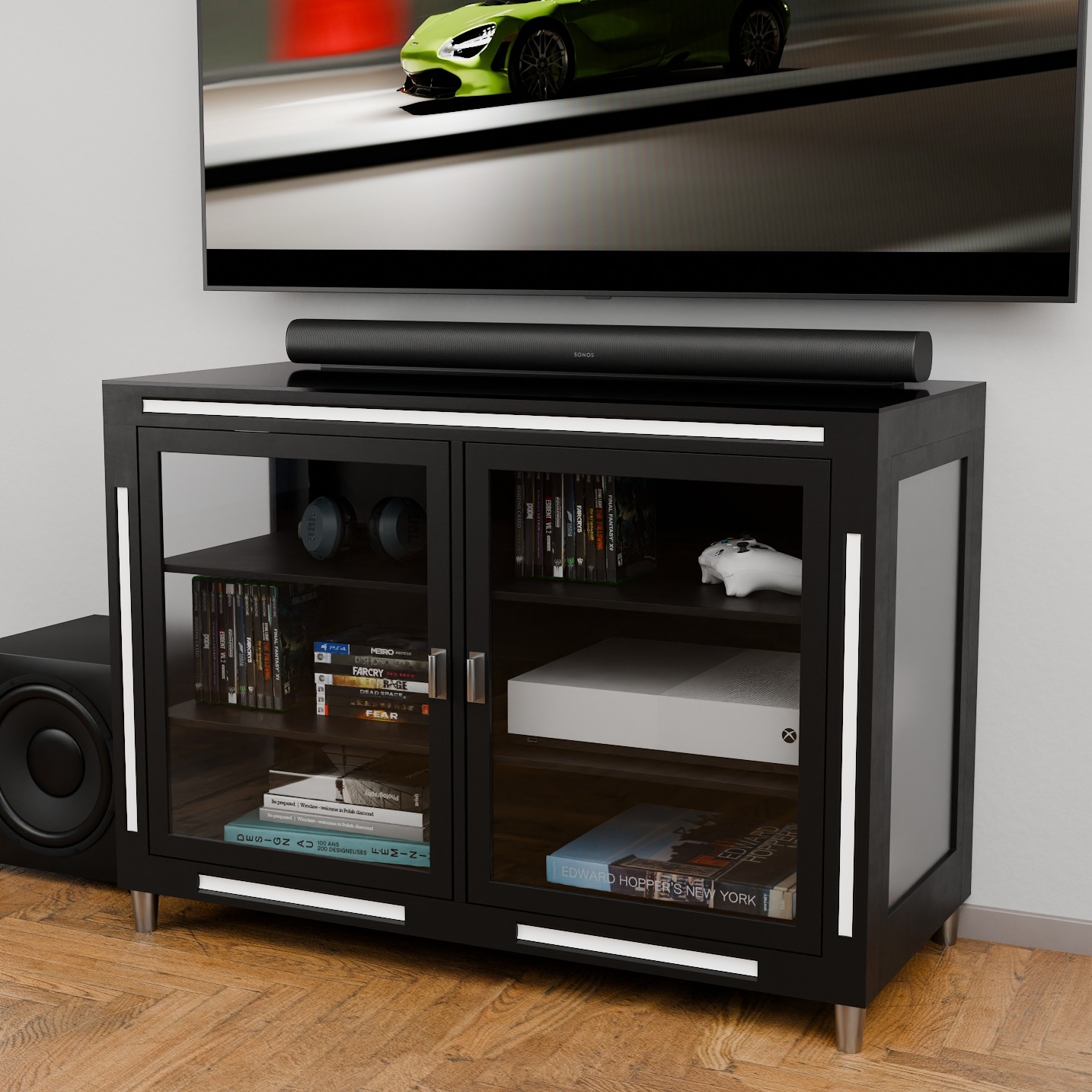 Czarna szafka RTV z przeszklonymi drzwiczkami, pod telewizorem i soundbarem, z konsolą Xbox i grami w środku. Minimalistyczny design z metalowymi nóżkami.