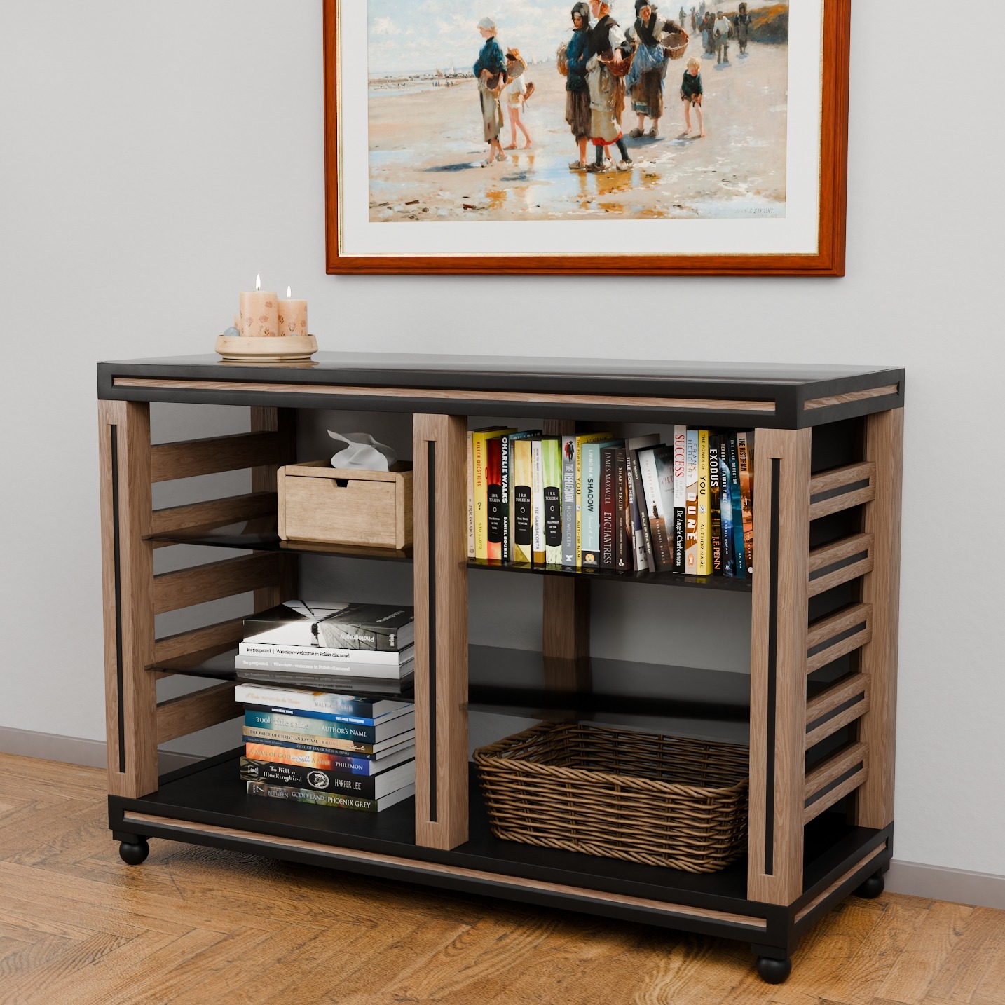 Regał na kółkach z czarnym blatem i drewnianymi elementami, wypełniony książkami, pudełkiem i koszykiem. Nad nim obraz z motywem plażowym i świeczki.