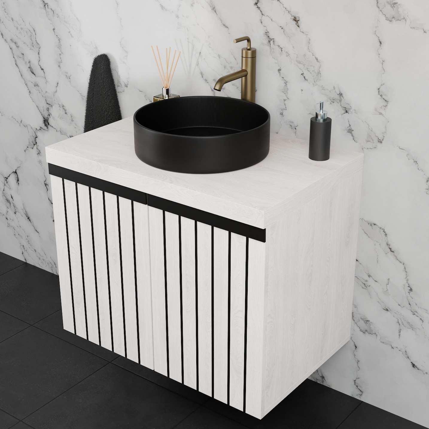Nowoczesna szafka łazienkowa z umywalką nablatową w kolorze czarnym, złota bateria, białe fronty z czarnymi listwami na tle marmurowej ściany i czarnej podłogi.