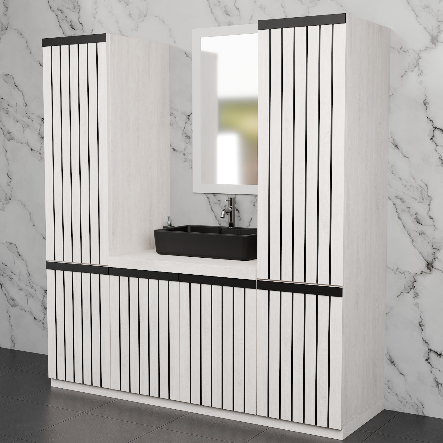 Nowoczesna szafka łazienkowa z białego drewna z czarnymi akcentami, czarna umywalka nablatowa, lustro na tle marmurowej ściany i szarej podłogi.