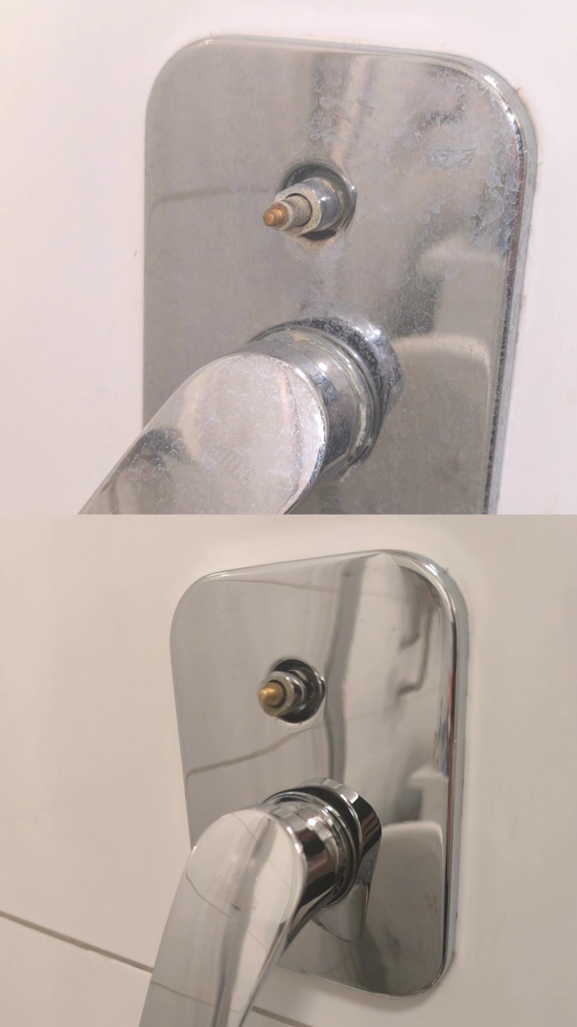 Kran w łazience: u góry z osadem, na dole po czyszczeniu. Widoczna różnica w połysku i czystości metalu. Efekt przed i po.