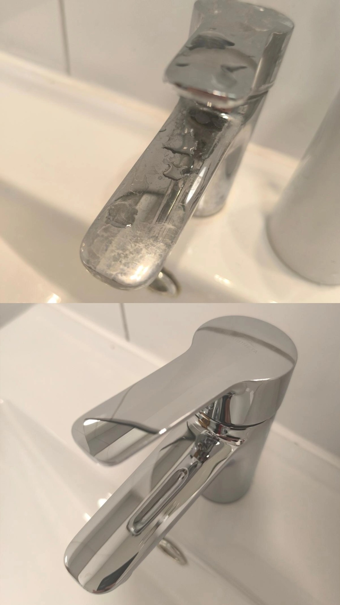 Kran w łazience przed i po czyszczeniu. Na górze widoczne zacieki i osad, na dole błyszczący, czysty kran. Efekt po usunięciu kamienia i brudu.