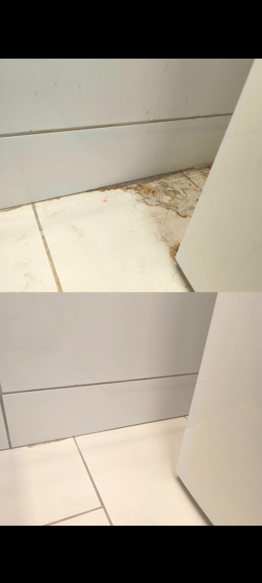 Zdjęcie 'przed i po' czyszczenia podłogi przy listwie przypodłogowej i futrynie. Górna część kadru pokazuje zabrudzenia, dolna - czystą, białą podłogę.