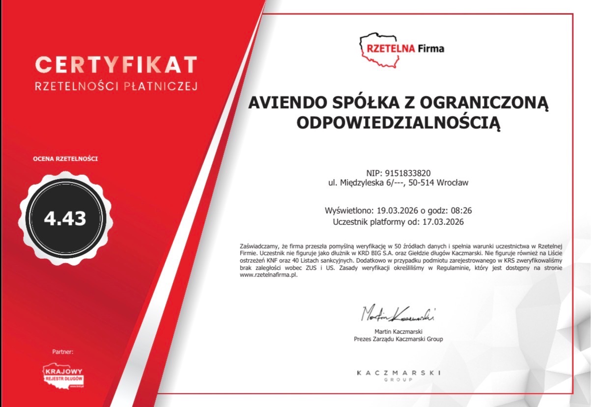 Certyfikat Rzetelności Płatniczej dla AVIENDO Spółka z Ograniczoną Odpowiedzialnością, z oceną 4.43 i datą wystawienia 19.03.2026. Partner: Krajowy Rejestr Długów.