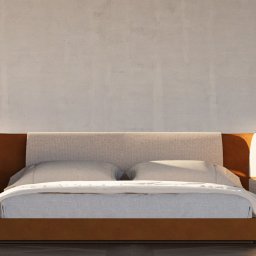 Studio Twórcze Melania Głaz - Nowoczesne łóżko z tapicerowanym wezgłowiem w odcieniach beżu i brązu, oświetlone symetrycznie lampami ściennymi na tle surowej ściany. Minimalistyczny design.