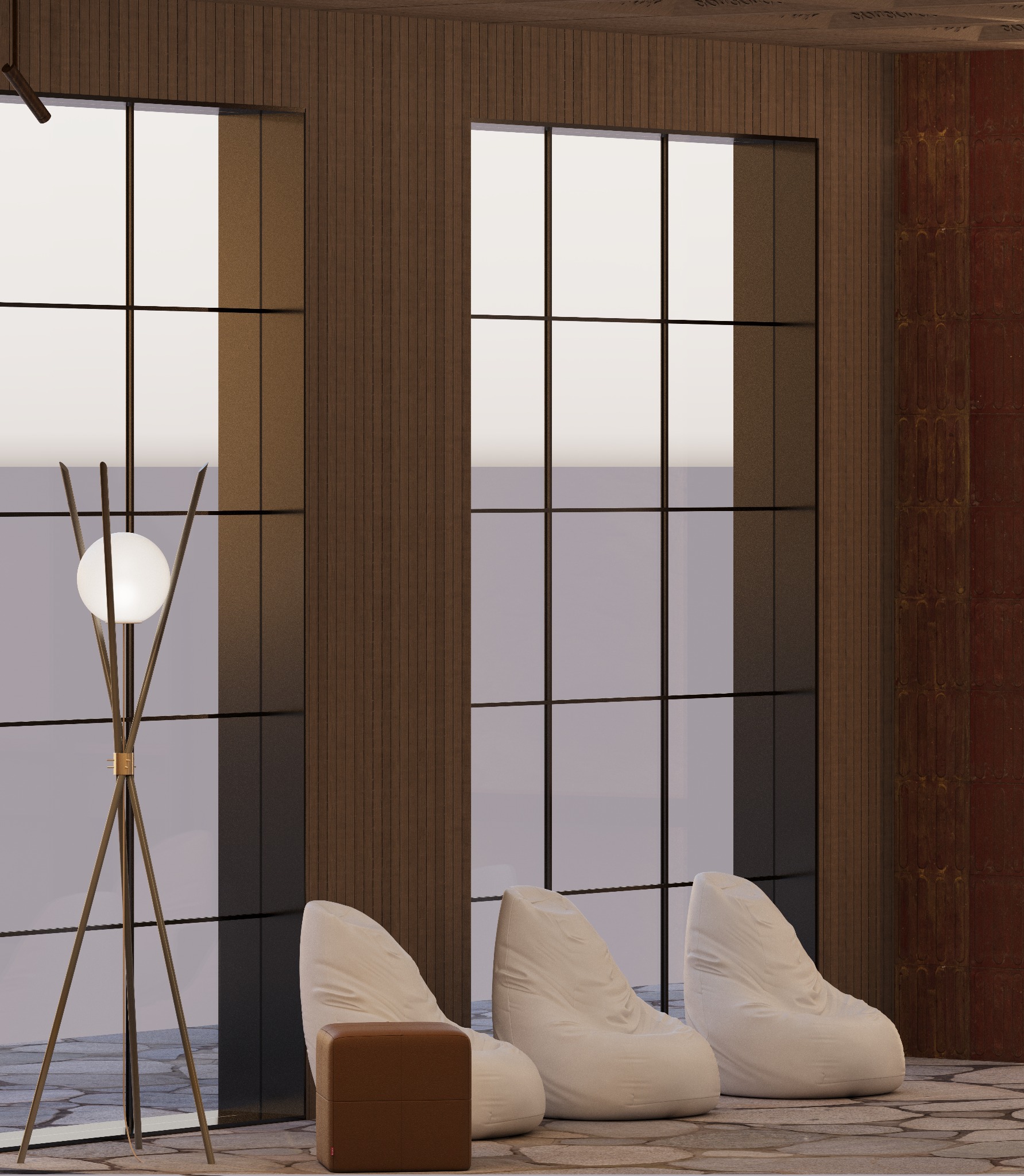 Nowoczesny pokój z trzema białymi pufami typu bean bag i brązowym podnóżkiem, oświetlony lampą stojącą na tle dużych okien i drewnianej ściany z dekoracyjnym elementem.