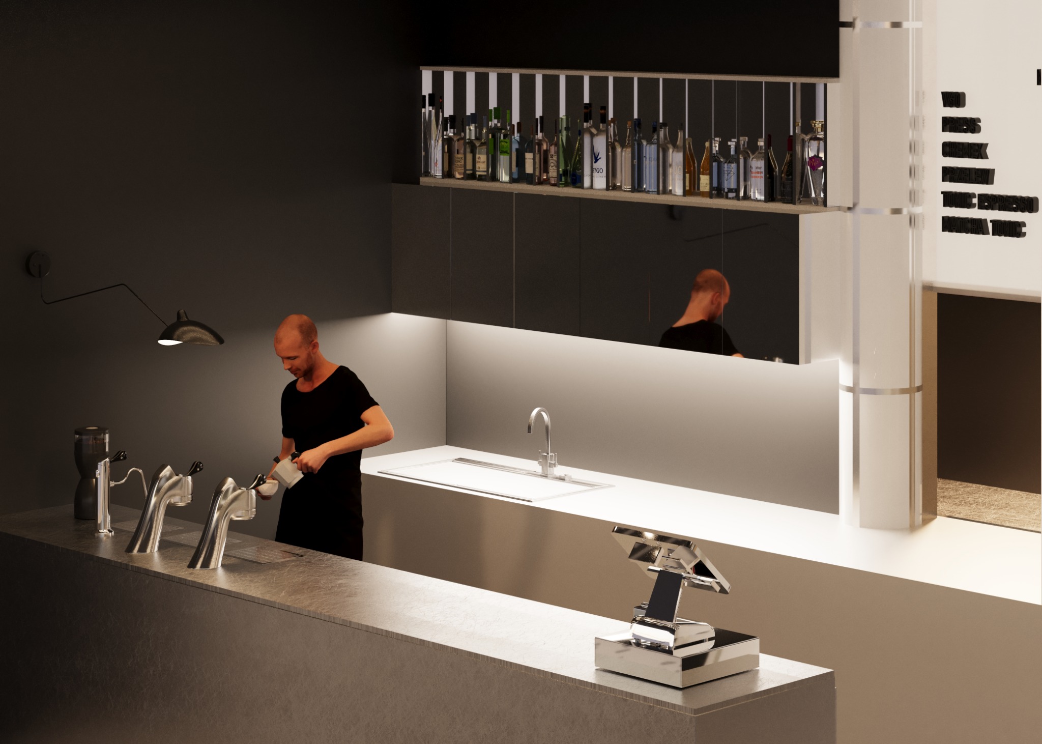 Nowoczesny projekt baru z elementami stali nierdzewnej, oświetleniem LED i minimalistycznym designem. Widoczny ekspres do kawy i eleganckie wyposażenie.