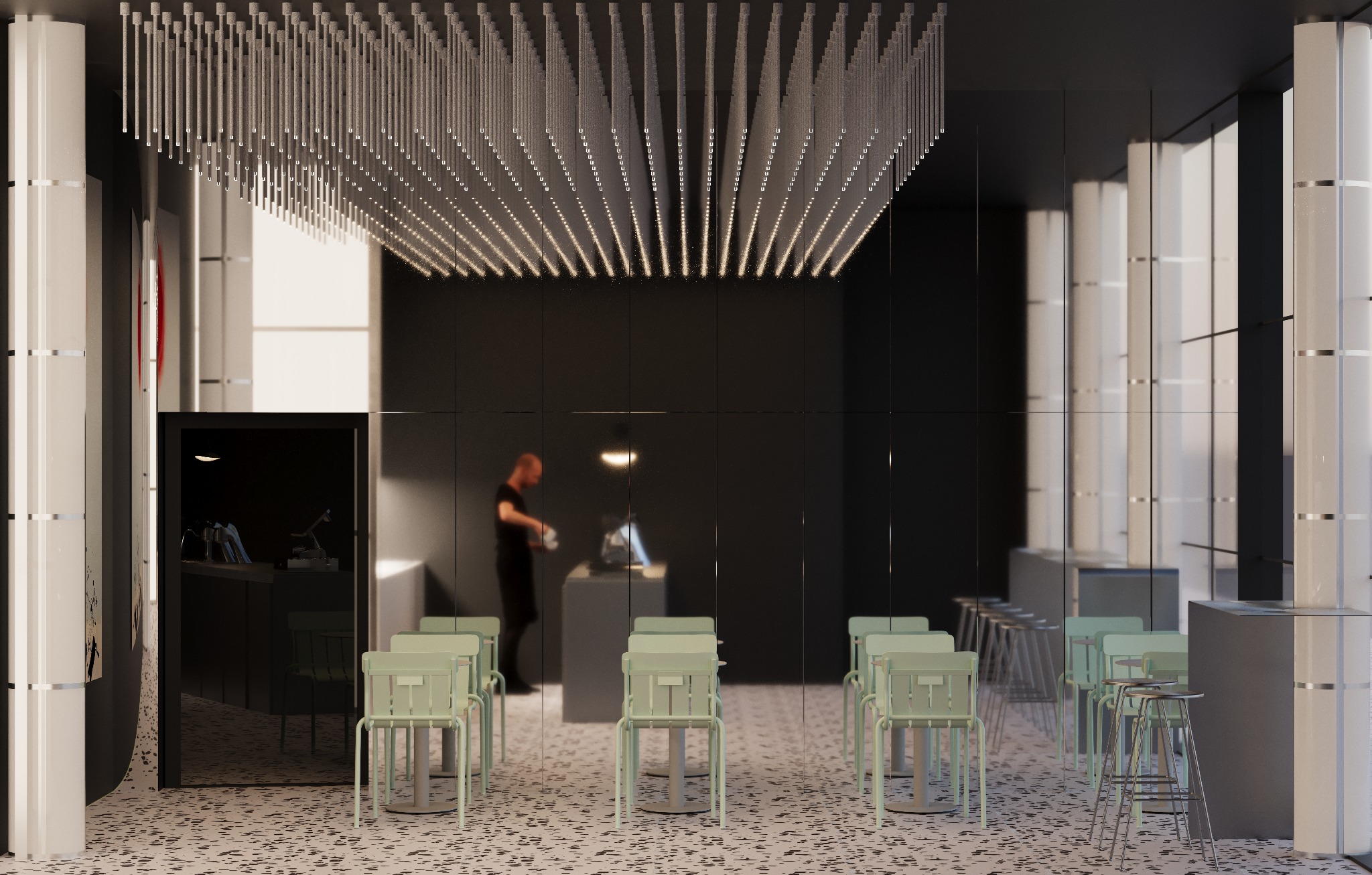 Nowoczesne wnętrze biurowe z rzędami krzeseł w pastelowych odcieniach, oświetleniem sufitowym i minimalistycznym wystrojem, odbijającym się w lustrzanych ścianach.