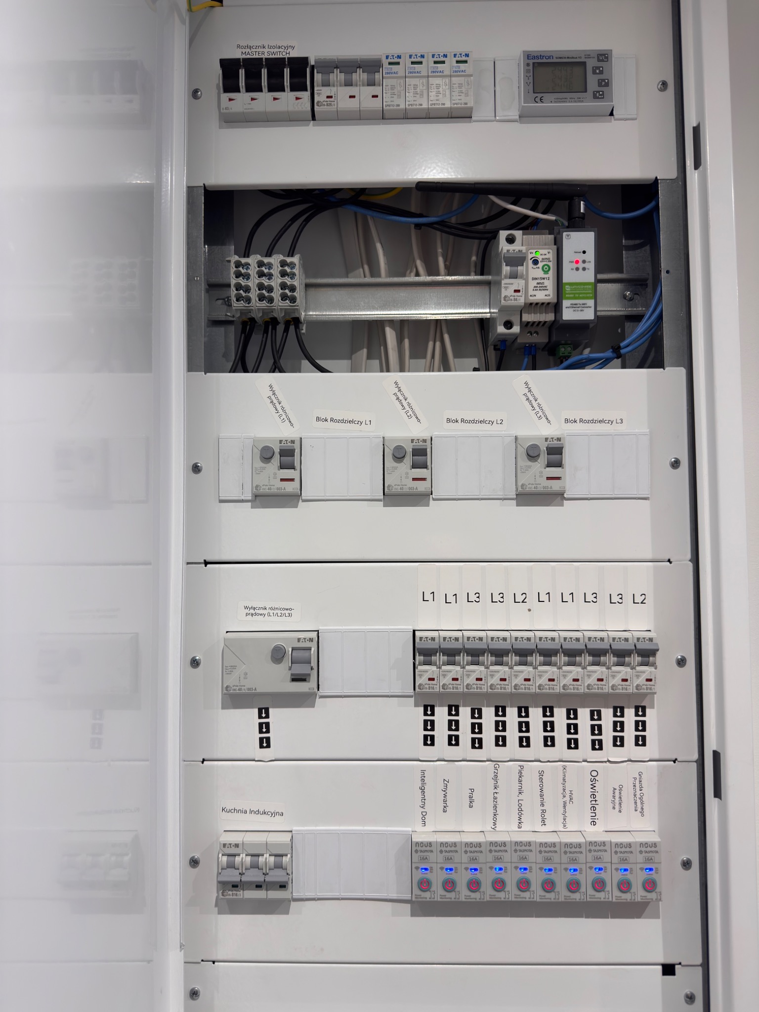 Rozdzielnia elektryczna z modułami inteligentnego domu, widoczne bezpieczniki, wyłączniki różnicowoprądowe, moduły sterujące oświetleniem i gniazdami, etykiety opisujące obwody.