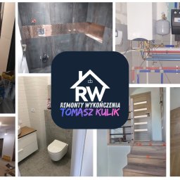 Remonty Wykończenia Tomasz Kulik - Kompozycja zdjęć z różnych etapów prac wykończeniowych: łazienka, instalacja, ceglana ściana, podłoga w jodełkę, korytarz z workami zaprawy. W centrum logo firmy.