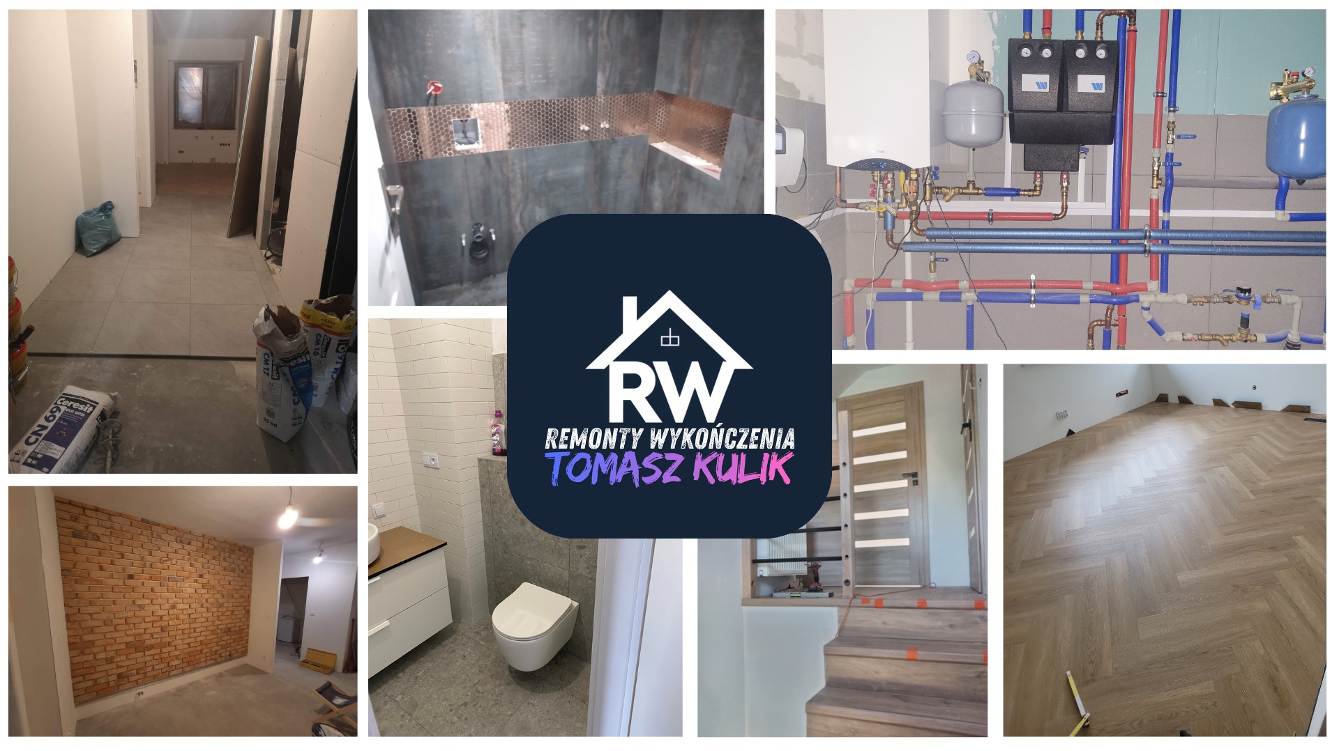 Kompozycja zdjęć z różnych etapów prac wykończeniowych: łazienka, instalacja, ceglana ściana, podłoga w jodełkę, korytarz z workami zaprawy. W centrum logo firmy.