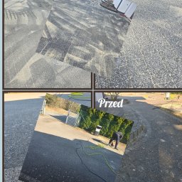 AnnCar Krzysztof Bruszyński - Zdjęcie 'przed i po' mycia kostki brukowej. Po lewej brudna kostka, po prawej czysta. Widoczny pracownik podczas czyszczenia. Ujęcie z góry, w słoneczny dzień.