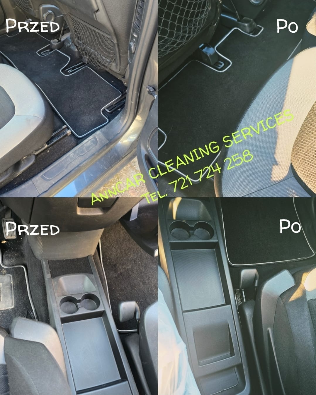 Czyszczenie wnętrza auta: dywaniki i konsola środkowa przed i po. Widoczne różnice w czystości i odświeżeniu. Usługa detailingu samochodowego.