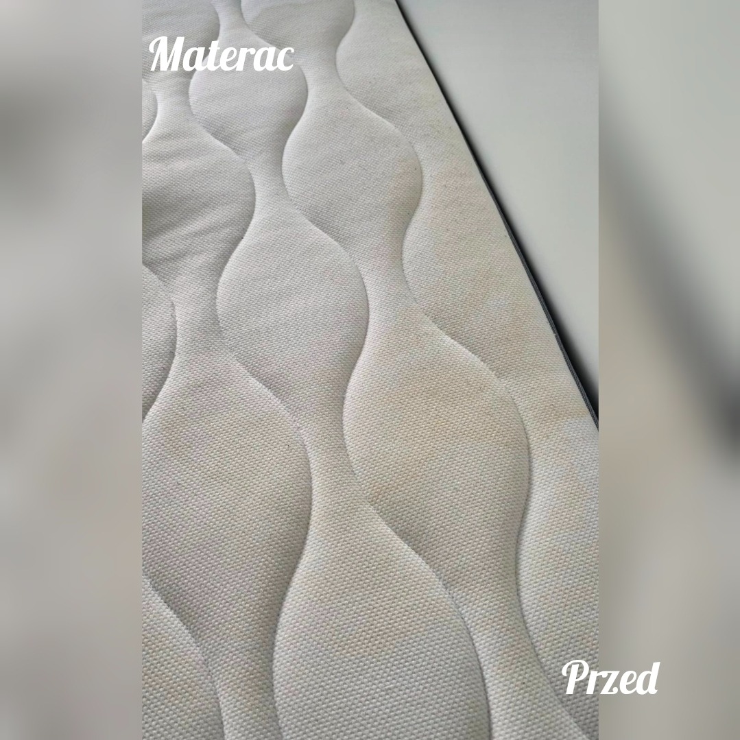 Materac z widoczną fakturą i napisem 'Materac' oraz 'Przed', sugerujący stan przed czyszczeniem. Delikatne światło podkreśla detale.
