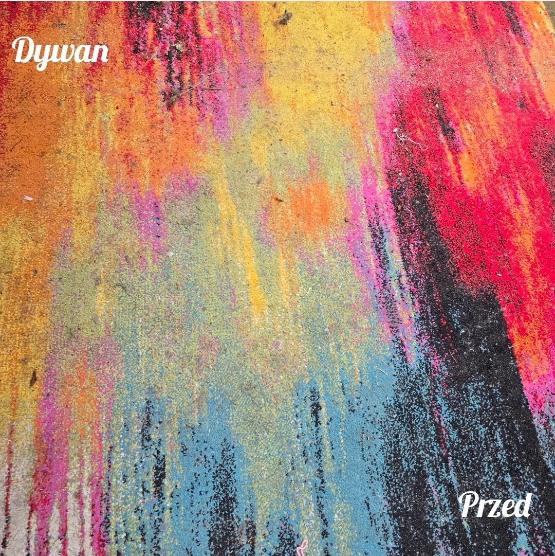Wielobarwny dywan z widocznym napisem 'Dywan' i 'Przed', sugerujący stan przed czyszczeniem. Intensywne kolory: żółty, pomarańczowy, różowy, niebieski i czarny.