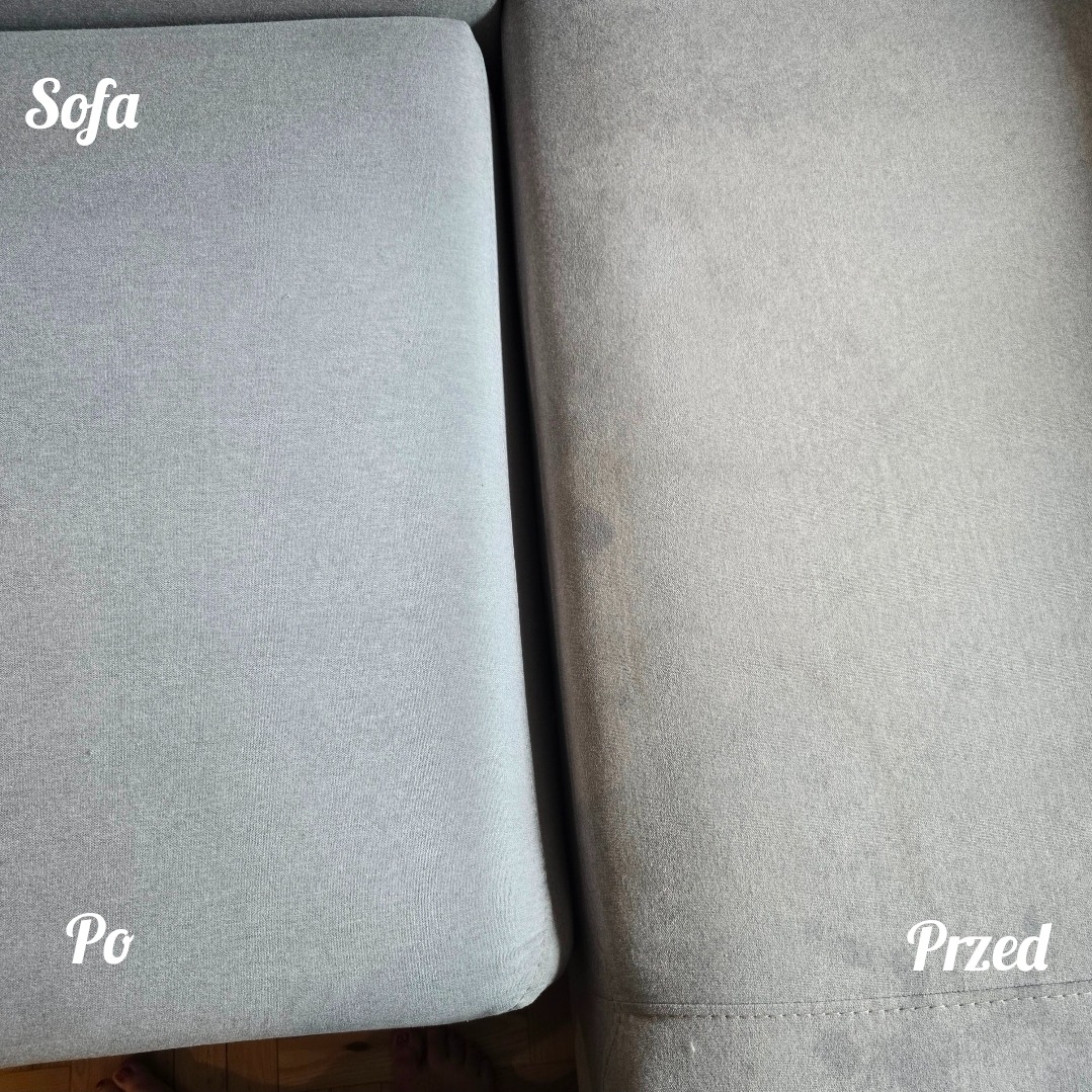 Zdjęcie przedstawia fragment sofy w ujęciu z góry, z widocznym efektem 'przed i po' czyszczenia tapicerki. Lewa strona jest czysta, prawa z widocznymi plamami.