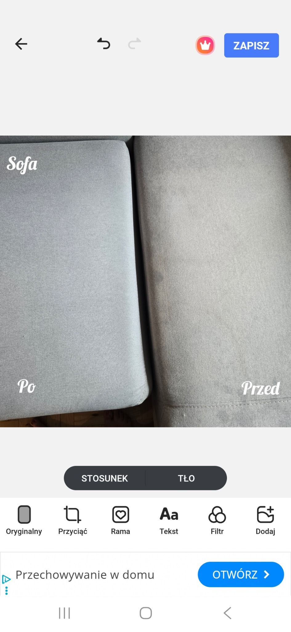 Sofa tapicerowana, ujęcie typu 'przed i po' czyszczeniu. Po lewej stronie widoczny efekt 'po', po prawej 'przed'. Widoczna różnica w odcieniu i czystości tkaniny.