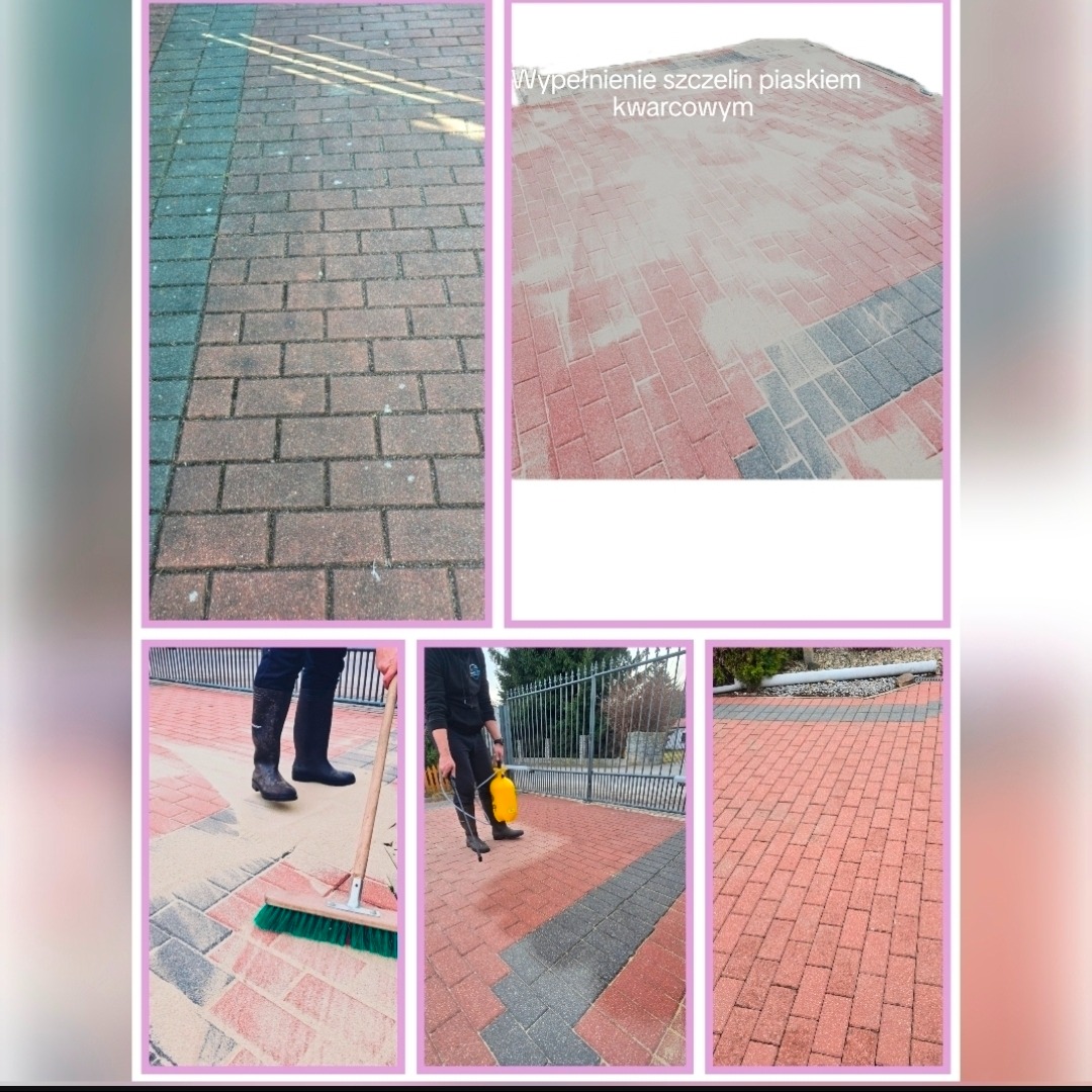 Profesjonalne czyszczenie kostki brukowej w tym uzupełnianie ubytków piaskiem kwarcowym i impregnacja.