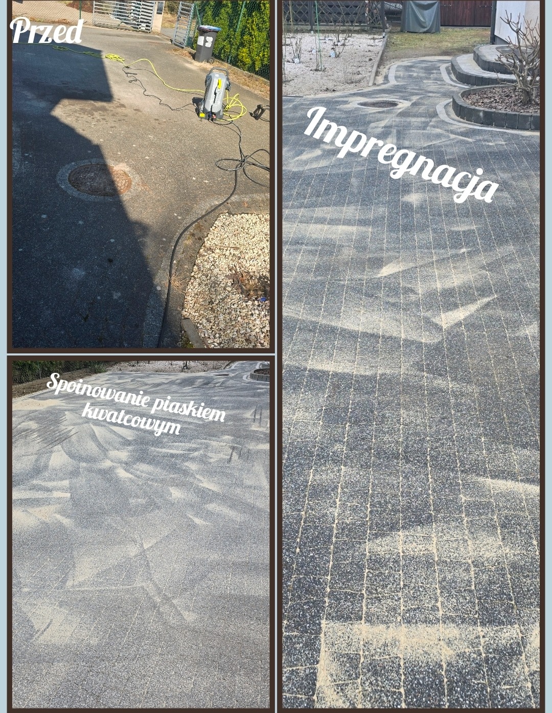 Kostka brukowa po myciu, impregnacji i spoinowaniu piaskiem kwarcowym. Widoczne etapy prac: przed, w trakcie i po. Ujęcie z góry, skupione na detalach powierzchni.