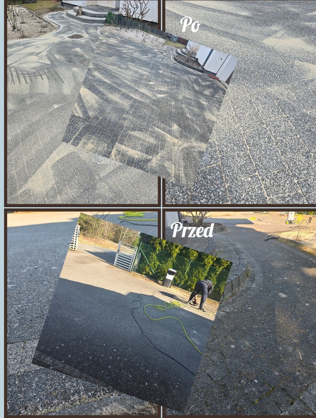 Zdjęcie 'przed i po' mycia kostki brukowej. Po lewej brudna kostka, po prawej czysta. Widoczny pracownik podczas czyszczenia. Ujęcie z góry, w słoneczny dzień.