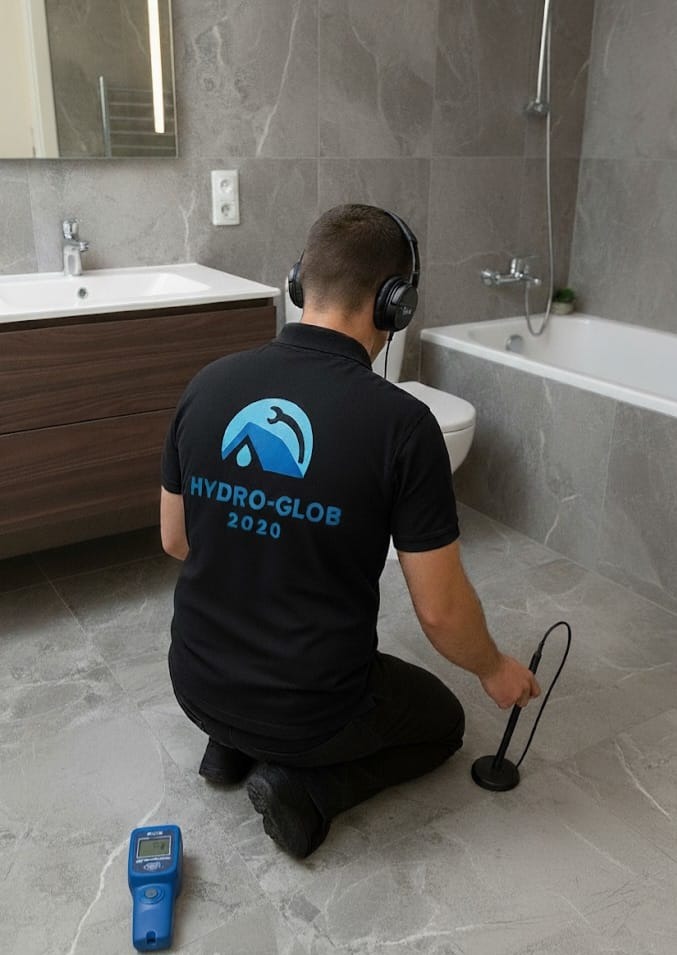 Hydraulik w słuchawkach lokalizuje wyciek w łazience z użyciem specjalistycznego sprzętu. Widoczny miernik wilgotności i detektor. Logo firmy na koszulce.