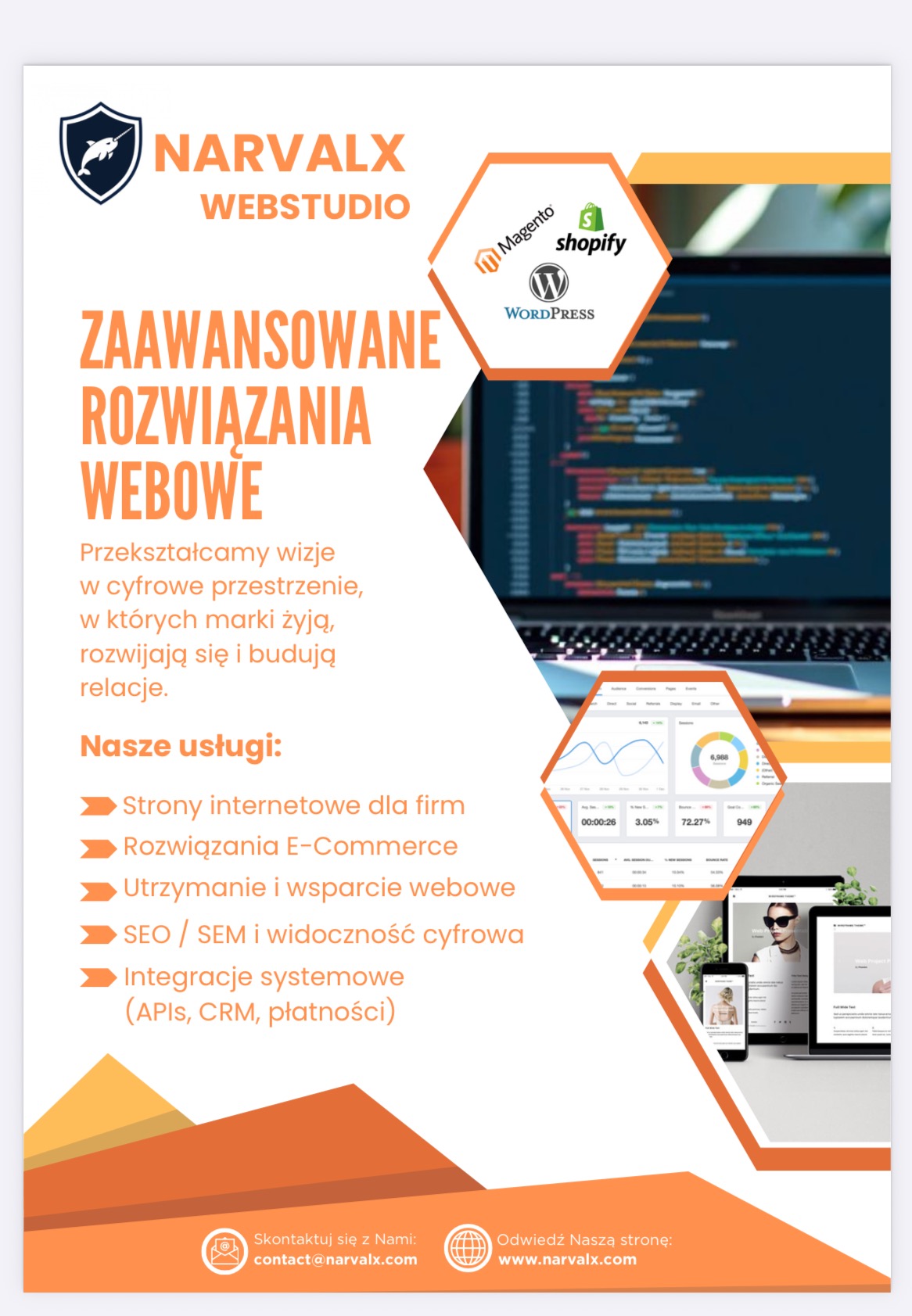 Grafika reklamowa Narvalx Webstudio: zaawansowane rozwiązania webowe, strony internetowe, e-commerce, SEO, integracje systemowe. Logo Magento, Shopify, WordPress.