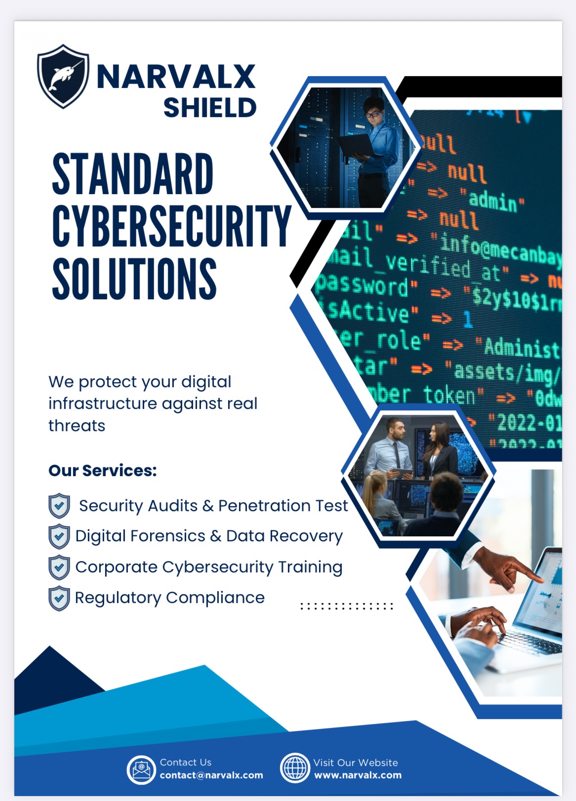 Plakat reklamowy Narvalx Shield: standardowe rozwiązania cyberbezpieczeństwa. Usługi: audyty bezpieczeństwa, odzyskiwanie danych, szkolenia, zgodność z przepisami.