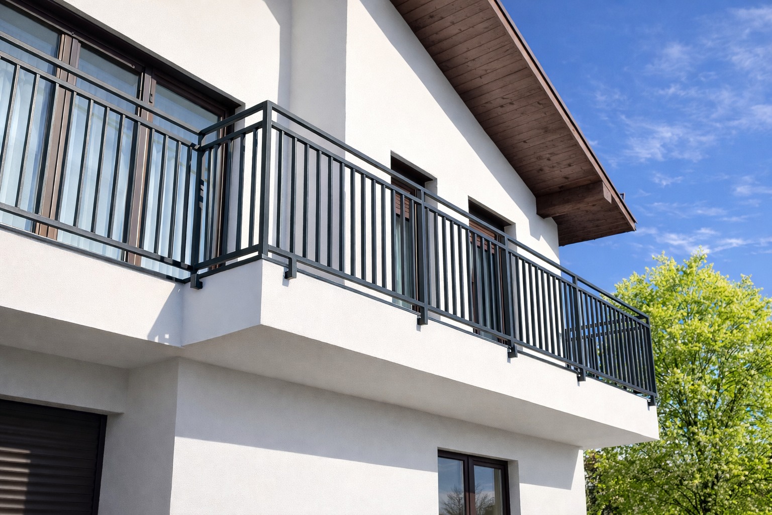 Nowoczesna, czarna balustrada balkonowa z pionowymi szczebelkami, zamontowana na białym budynku z brązowym dachem i oknami. Widok z dołu, błękitne niebo w tle.