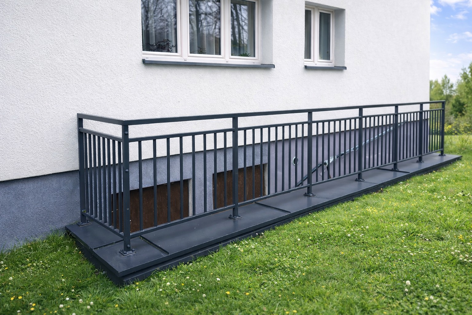 Metalowa barierka zabezpieczająca zejście do piwnicy, pomalowana na ciemny kolor, na tle trawnika i białej ściany budynku w Cieszynie. Solidne wykonanie.