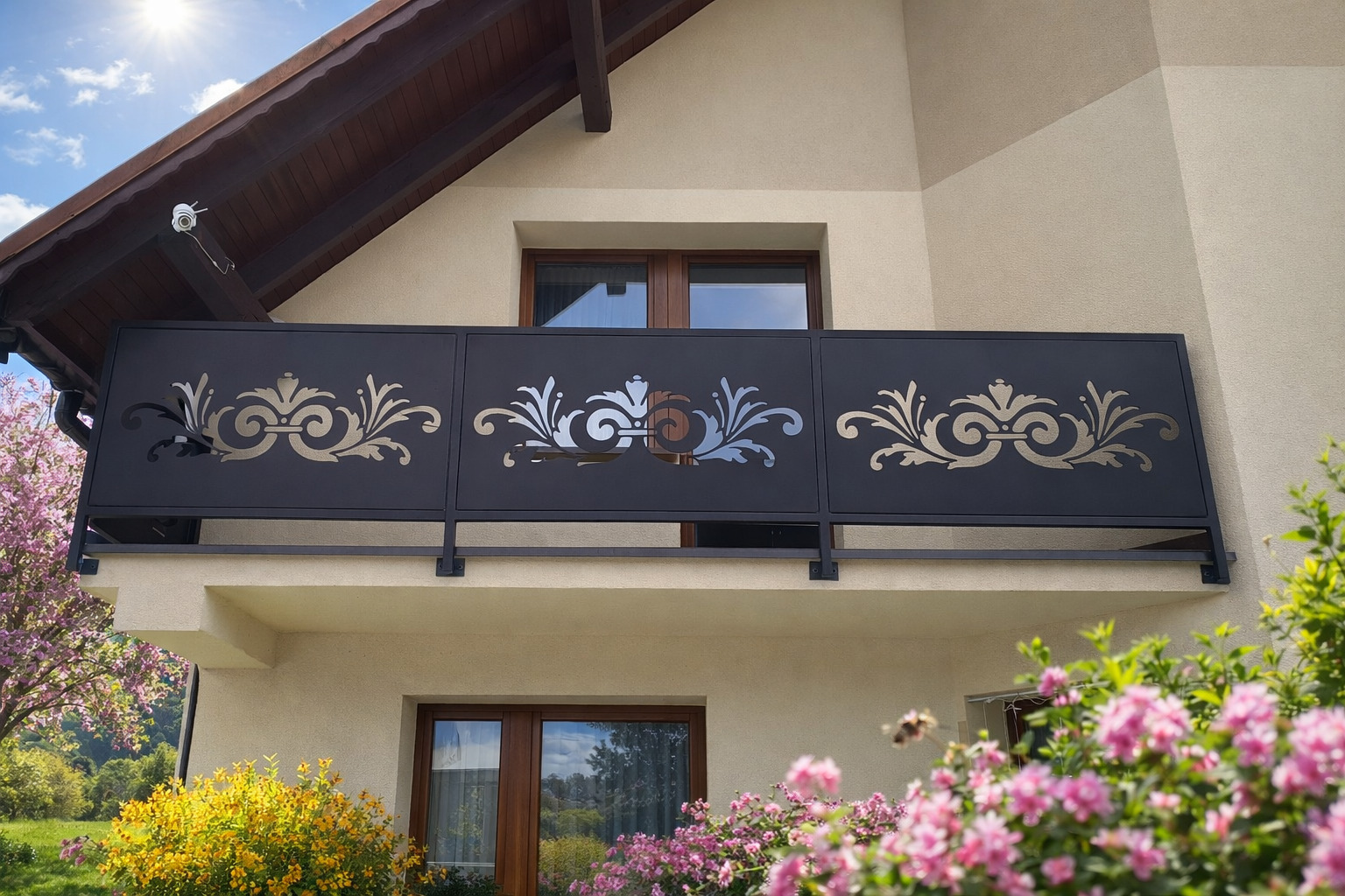 Czarna, metalowa balustrada balkonowa z ażurowym, roślinnym wzorem na tle beżowej elewacji domu i kwitnących krzewów w słoneczny dzień.
