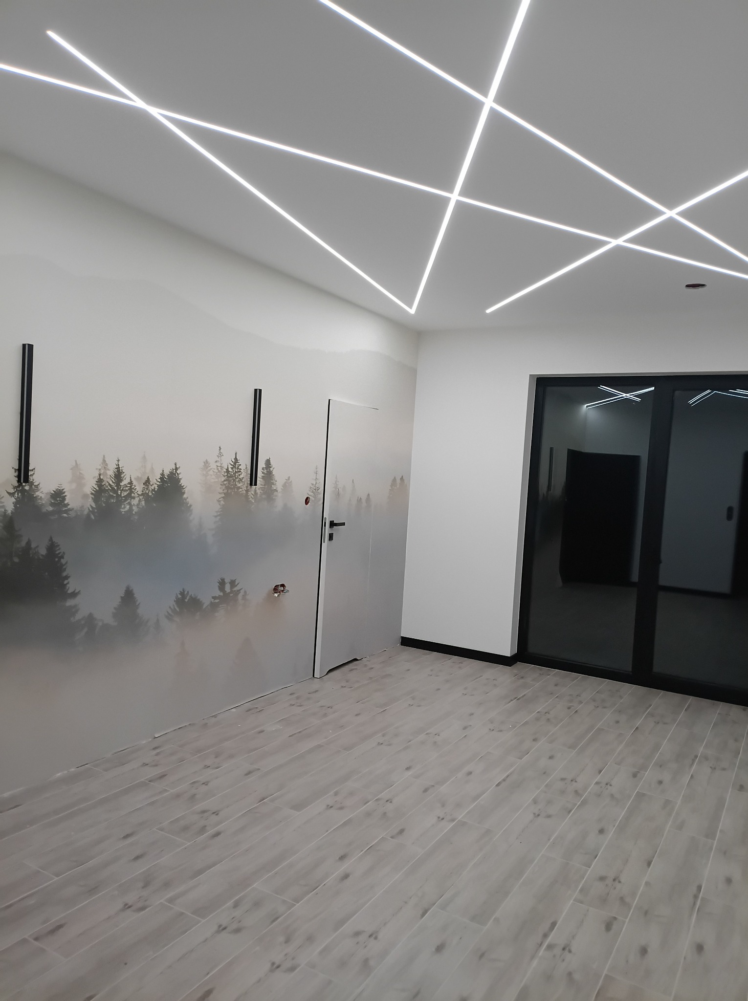 Nowoczesne wykończenie wnętrza: fototapeta z motywem lasu, geometryczne oświetlenie LED na suficie i podłoga imitująca drewno. Minimalistyczny design z czarnymi akcentami.