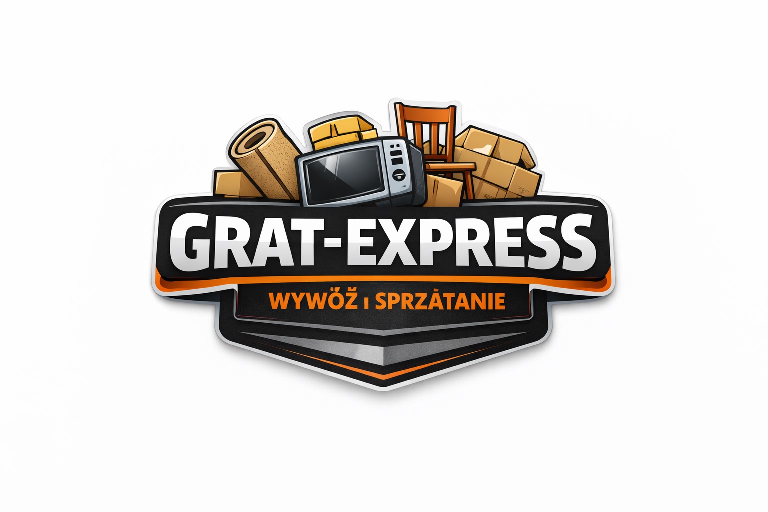 Grafika z nazwą firmy 'GRAT-EXPRESS' oferującej wywóz i sprzątanie, otoczona ikonami mebli i sprzętów, sugerująca usługi porządkowe i utylizacyjne.