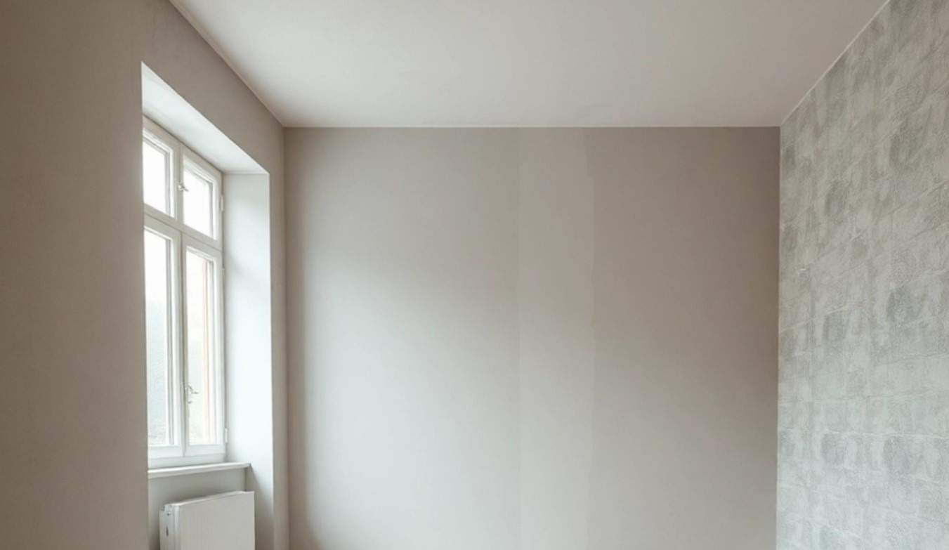 Jasne wnętrze po remoncie: ściany pomalowane na szaro, jedna ściana z dekoracyjną fakturą, białe okno z grzejnikiem pod spodem. Minimalistyczny design.